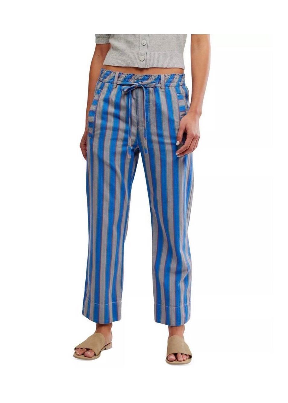 FREE PEOPLE NWT Cotton Striped Blue Marielle Pull On Pants Size Medium